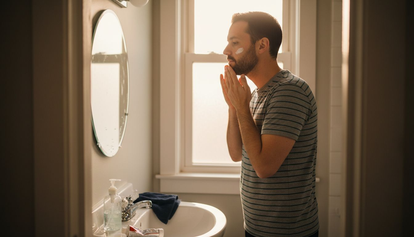 Man applying moisturizer in home bathroom