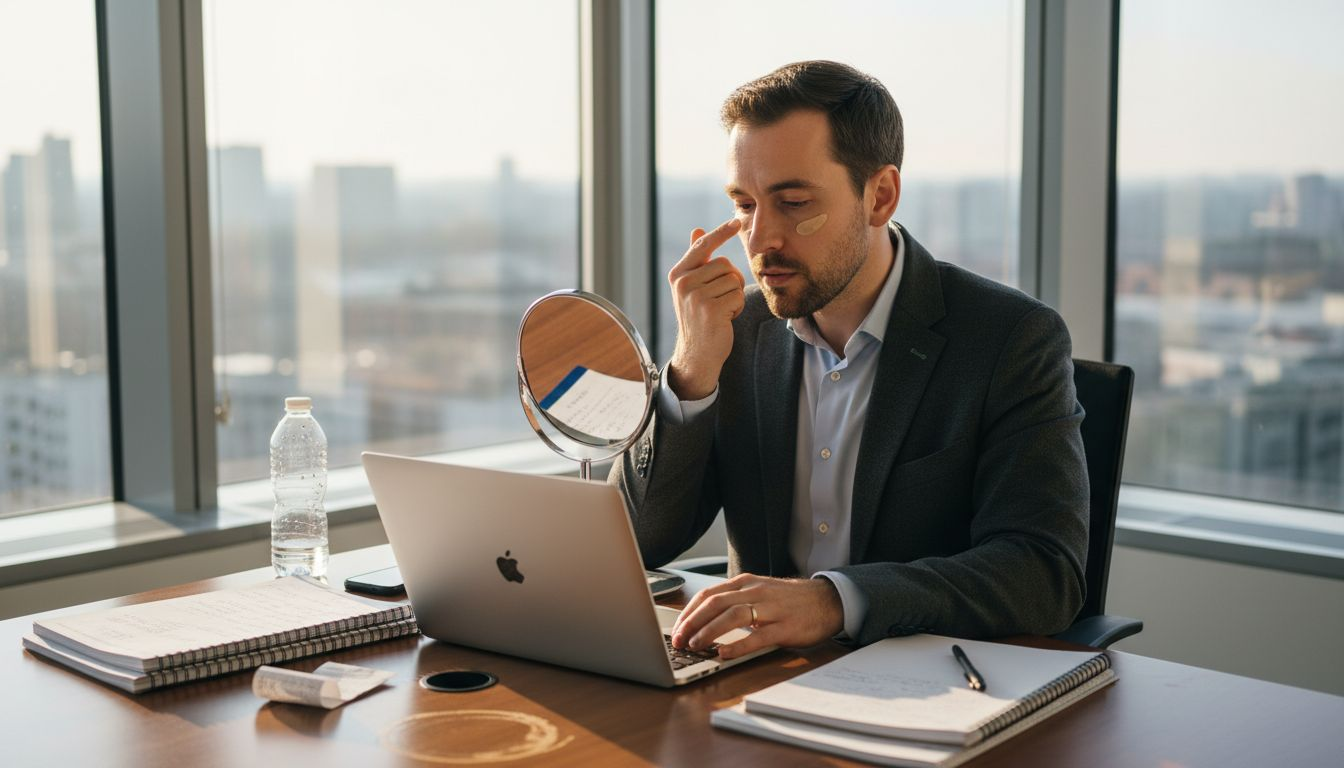 Man applying skin tone correction at desk