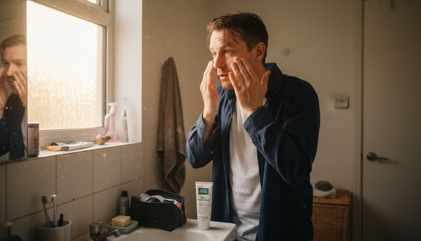 Man applying moisturizer in morning bathroom routine