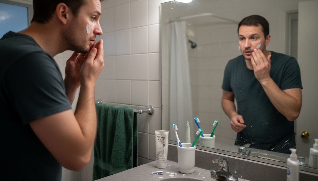 Man applying face moisturizer in modest bathroom