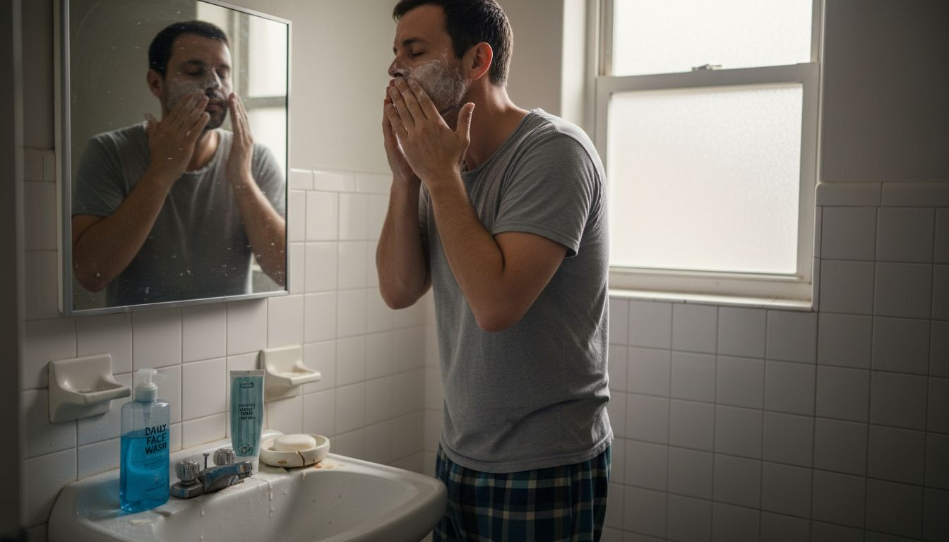 Man performing morning skincare routine at bathroom sink