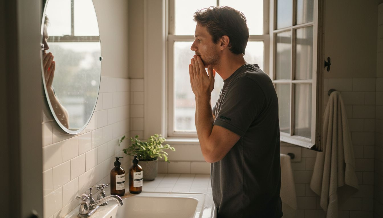 Man applying skincare at bathroom mirror
