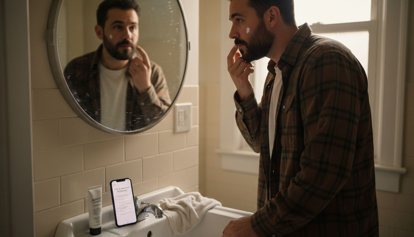 Man applies face product in casual bathroom