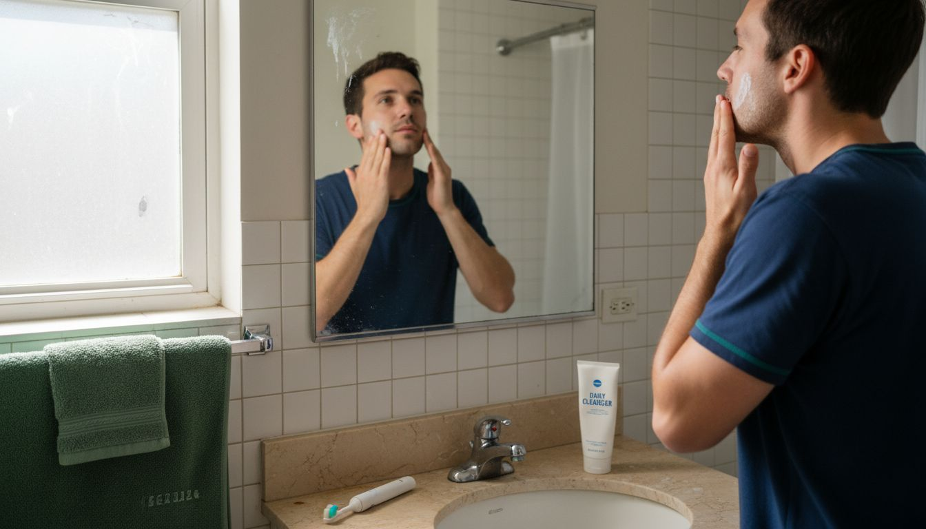 Man preparing skin at apartment bathroom sink