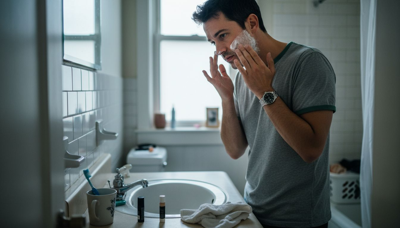 Man applies moisturizer in city bathroom