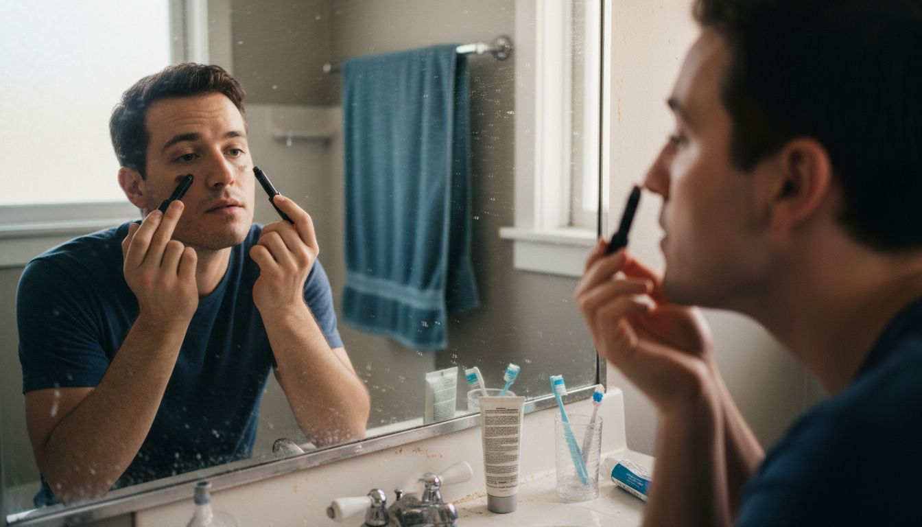 Man checking natural concealer match in bathroom