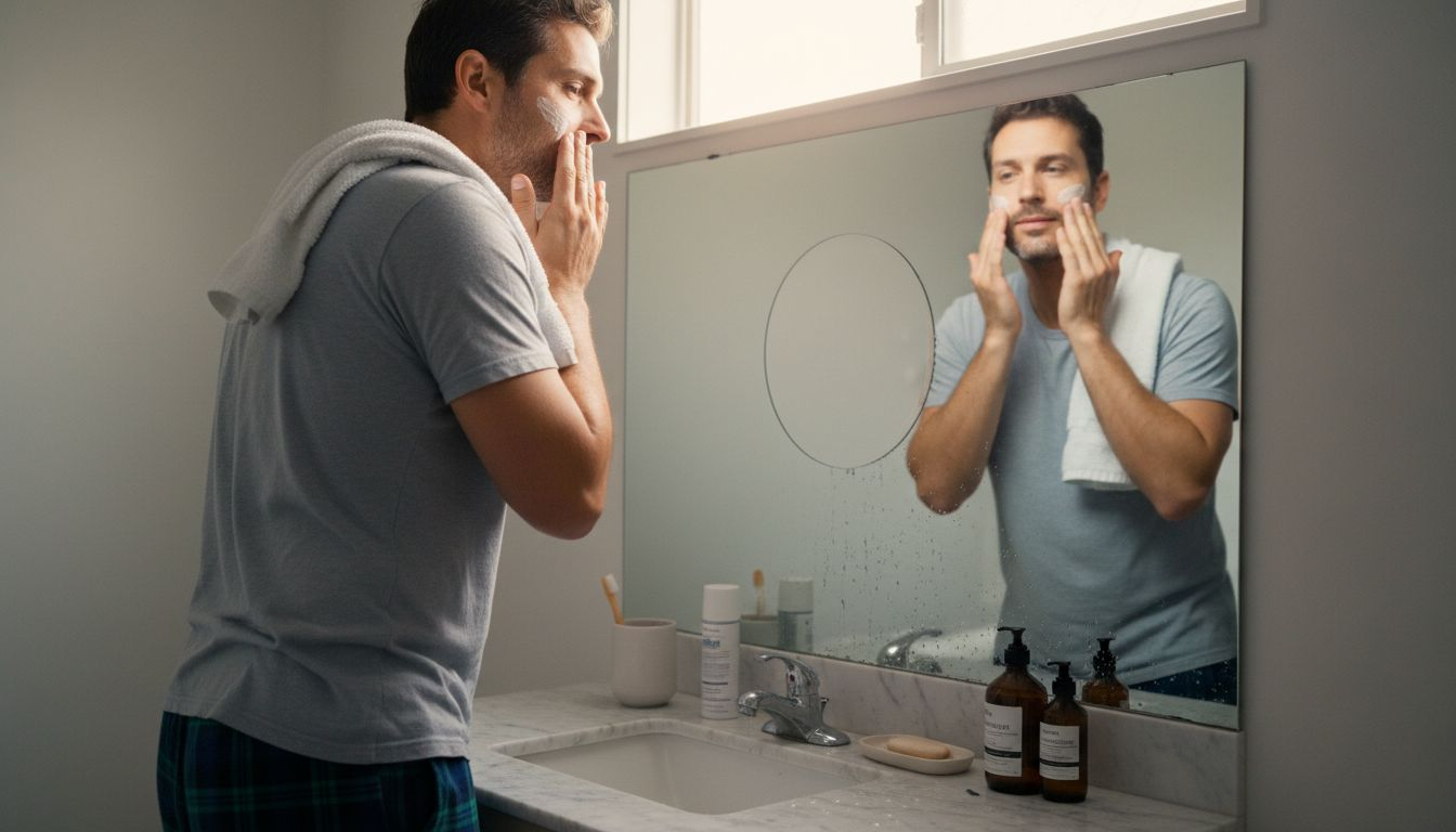 Man applying moisturizer at cluttered bathroom sink