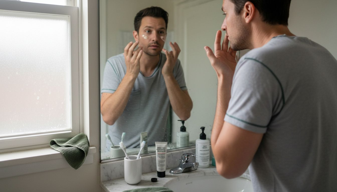 Man applies facial cosmetics in bathroom mirror