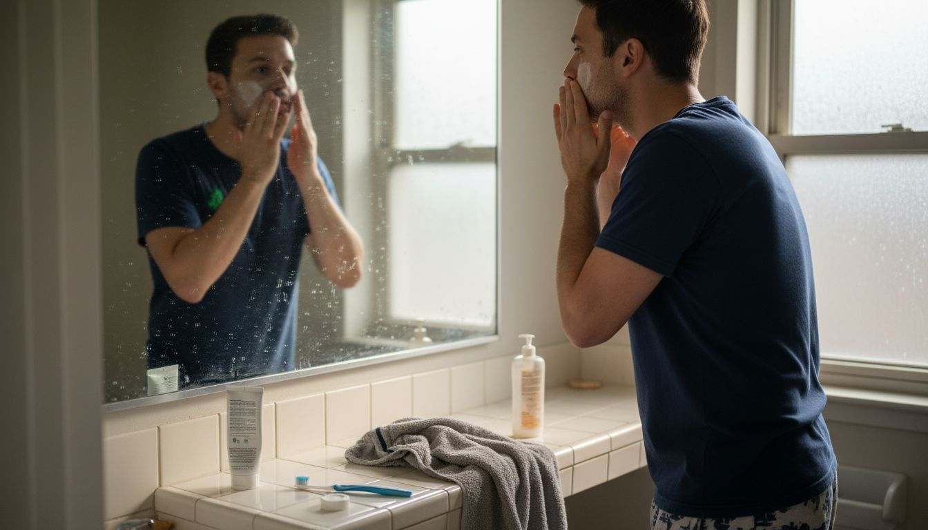 Man doing morning skincare at foggy bathroom mirror