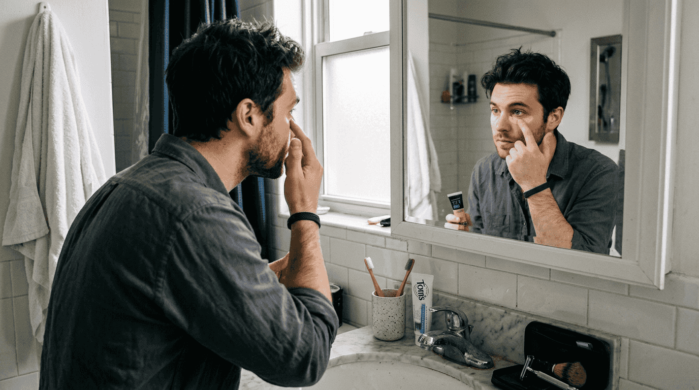Man applying natural makeup in bathroom mirror