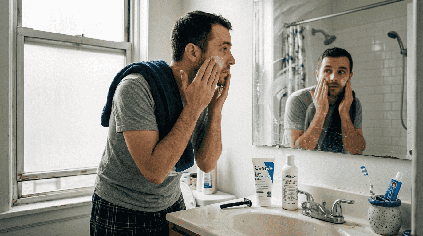 Man applying skincare at bathroom sink