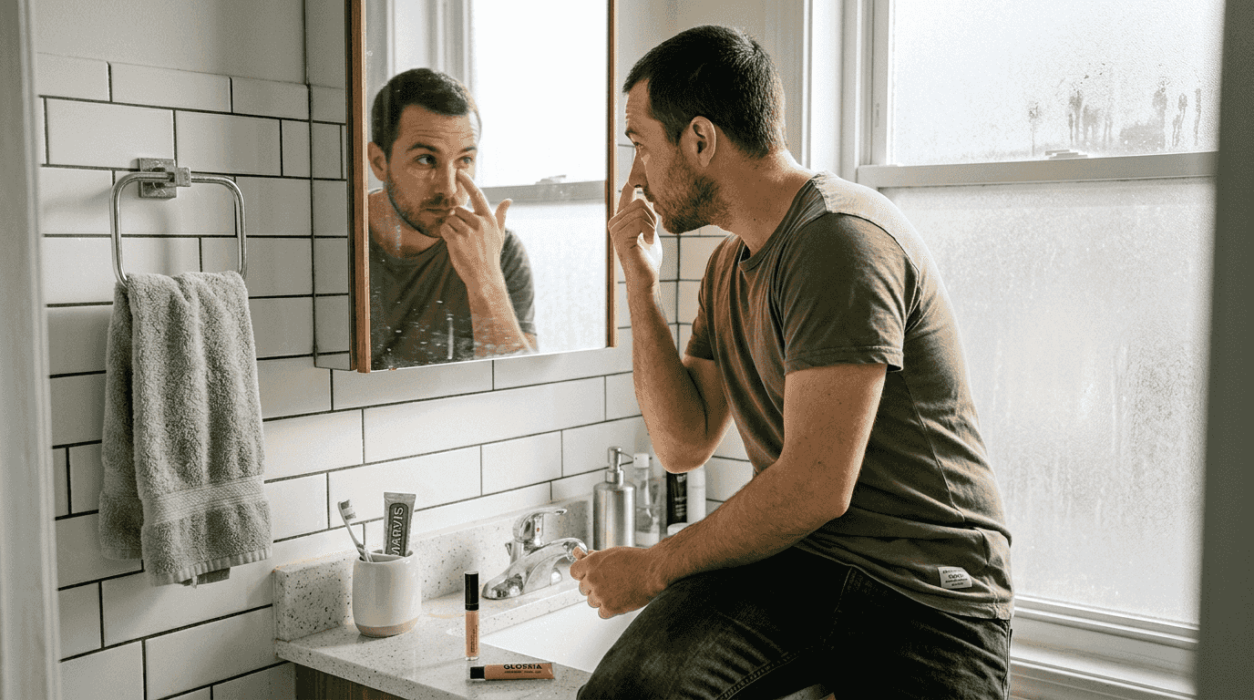 Man applies concealer in bathroom setting