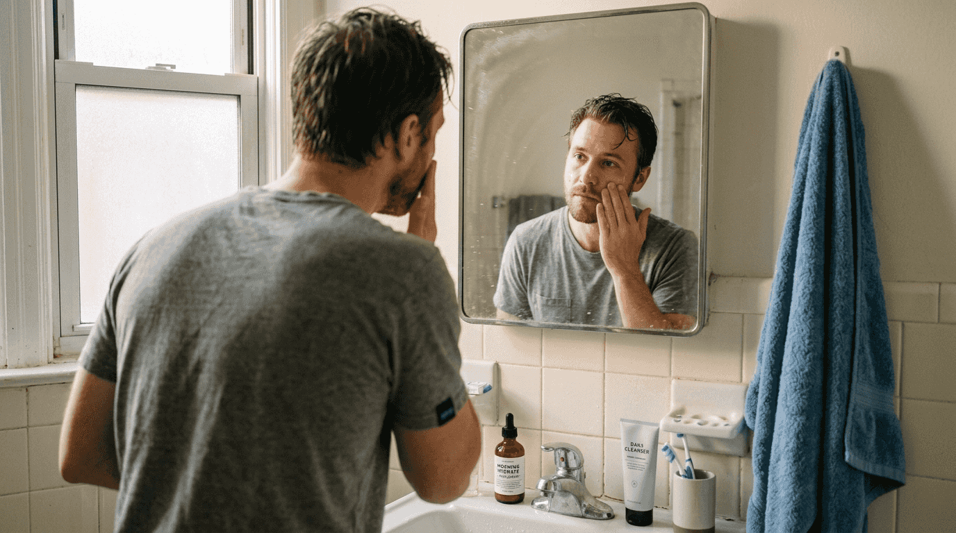 Man applying skincare during morning routine