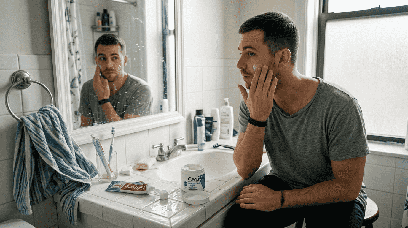 Man doing morning skincare bathroom routine