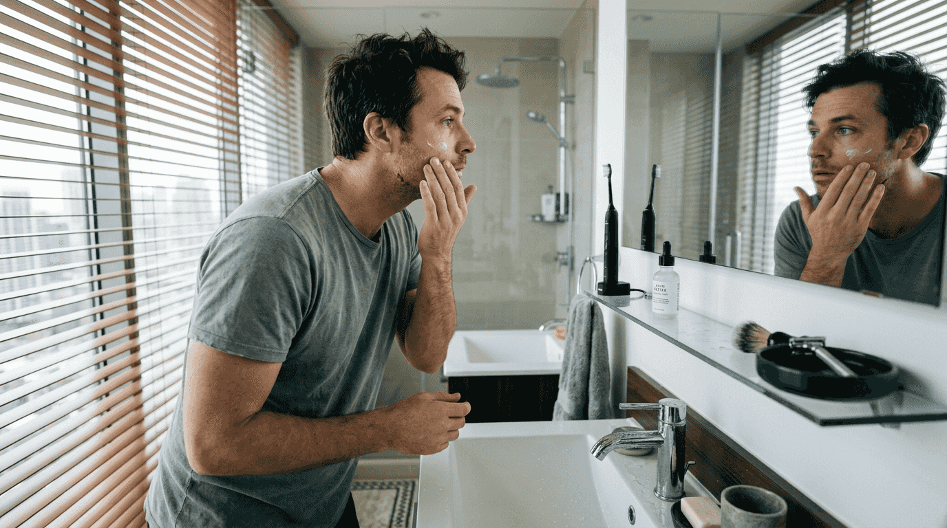Man applying discreet skincare routine at sink