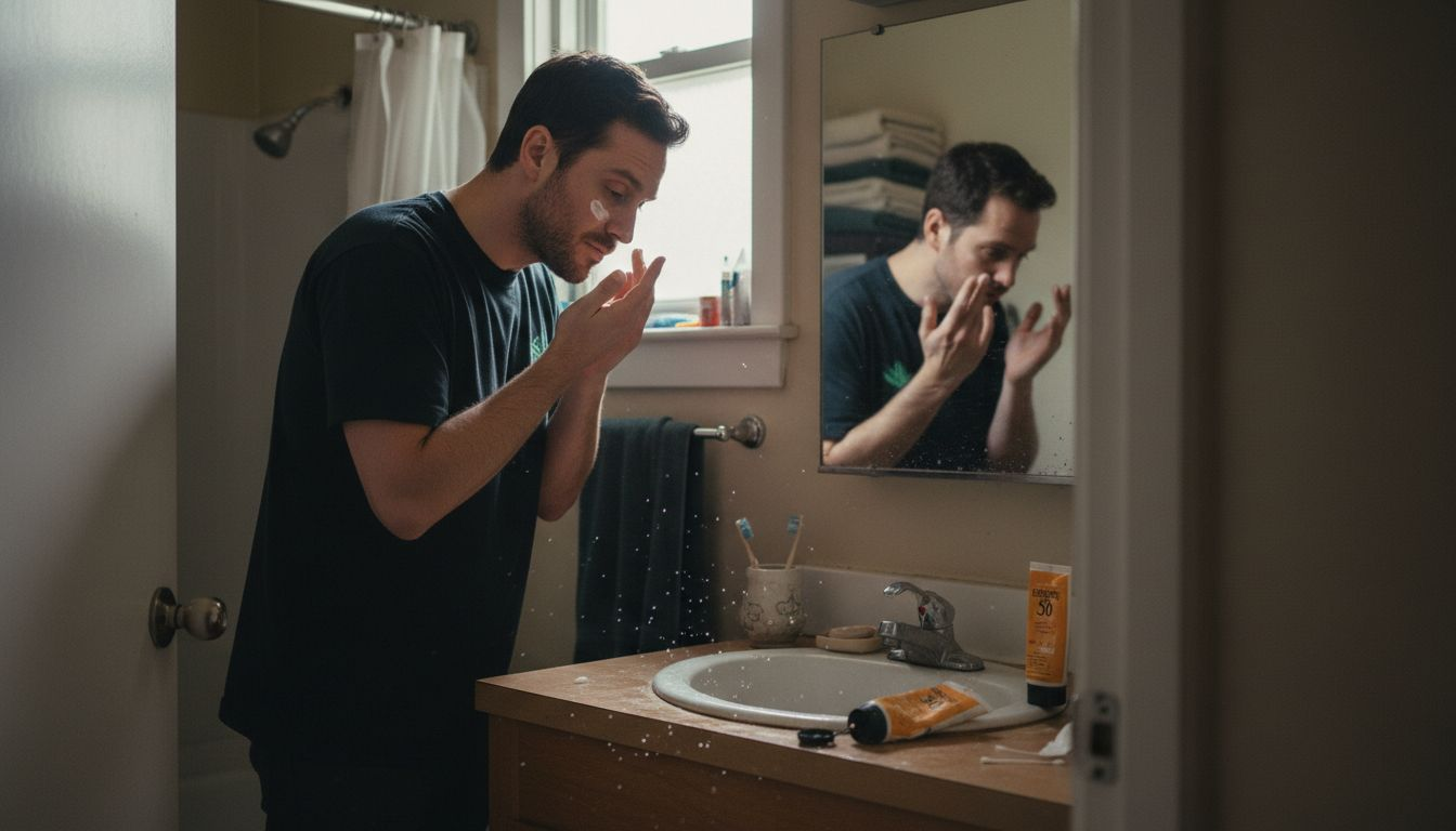 Man applying skincare in urban bathroom