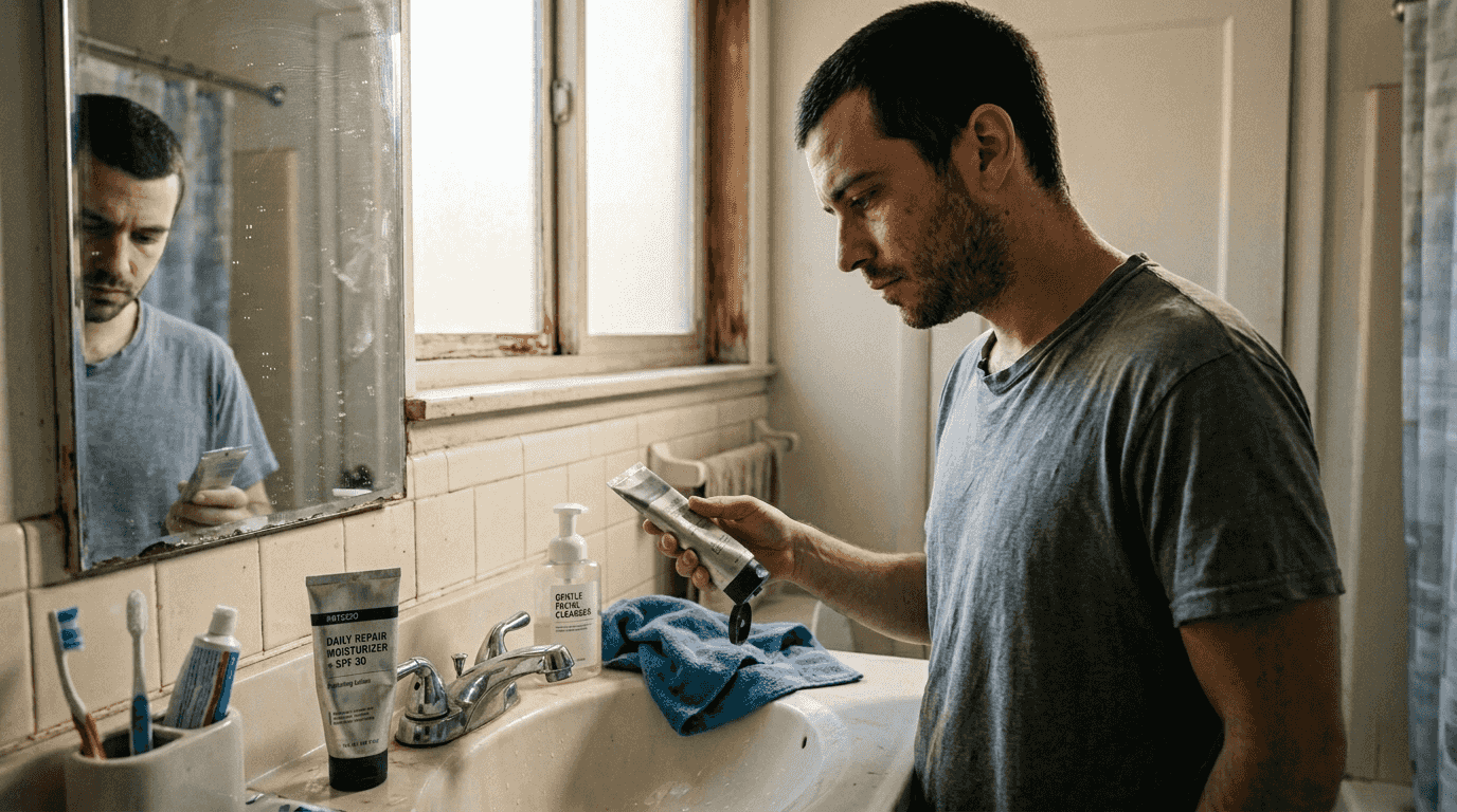 Man choosing skincare products at bathroom sink