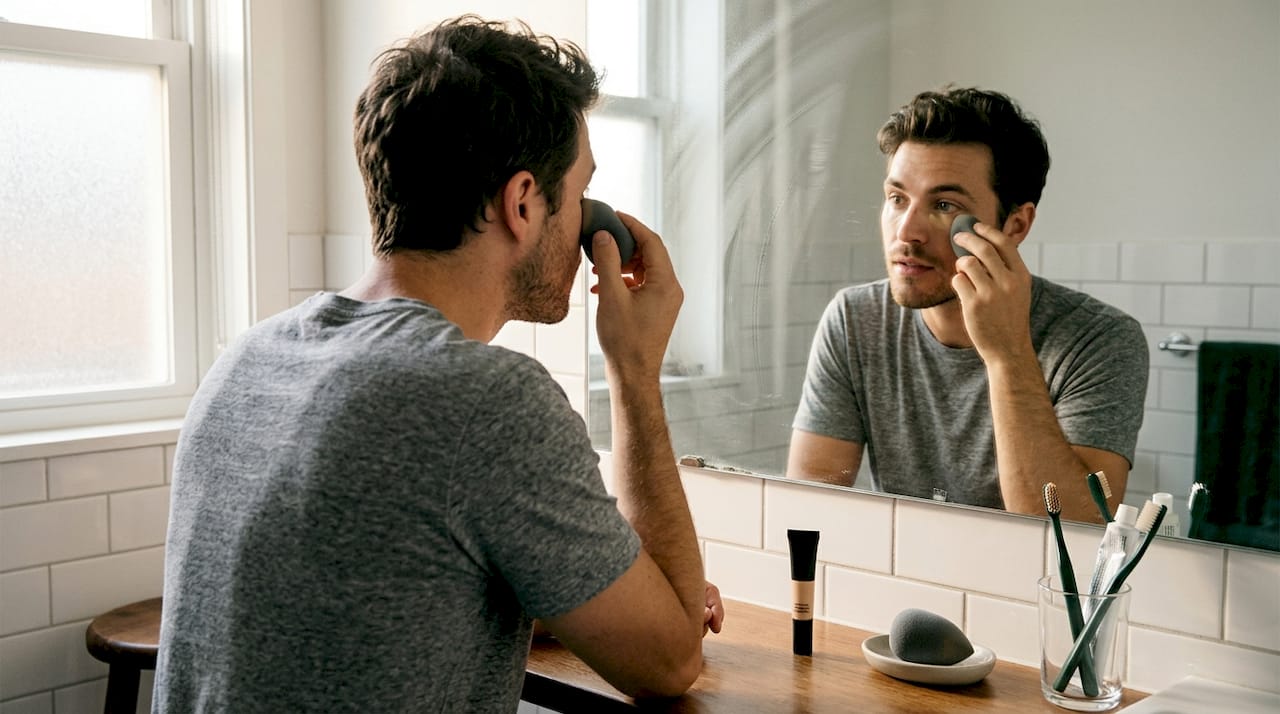 Man blending concealer into skin in bathroom