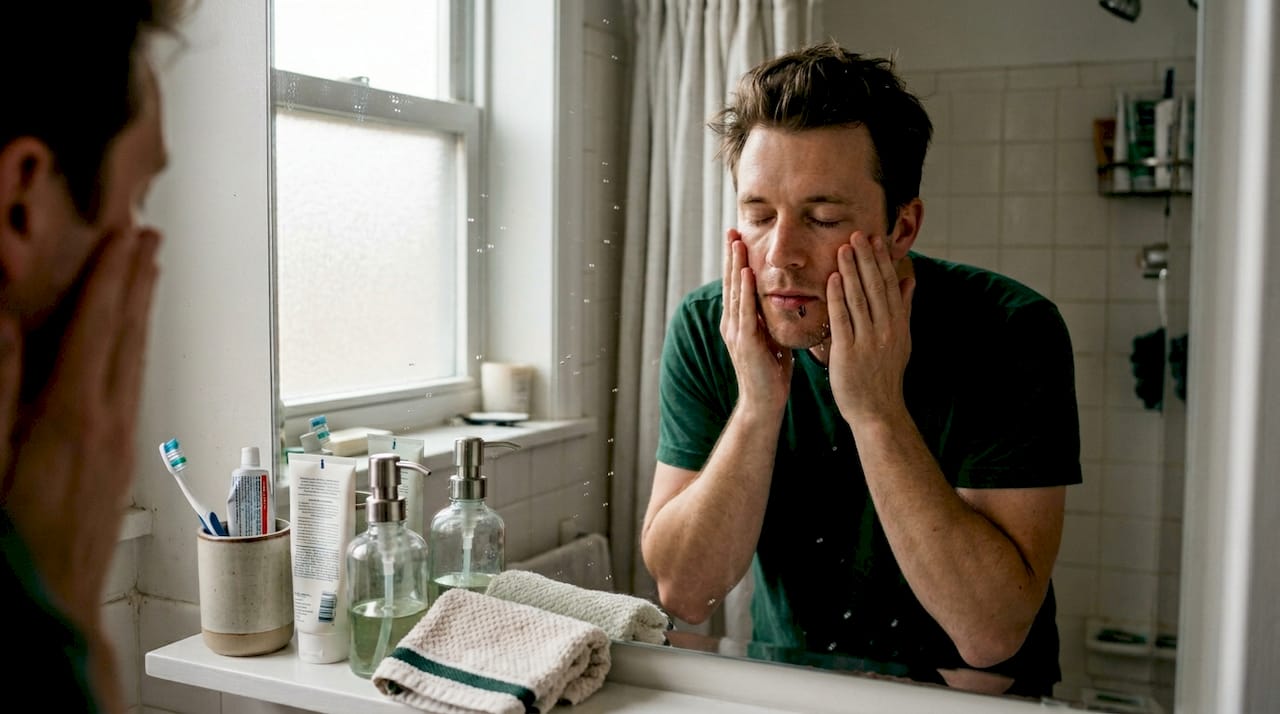 Man doing morning grooming at bathroom sink
