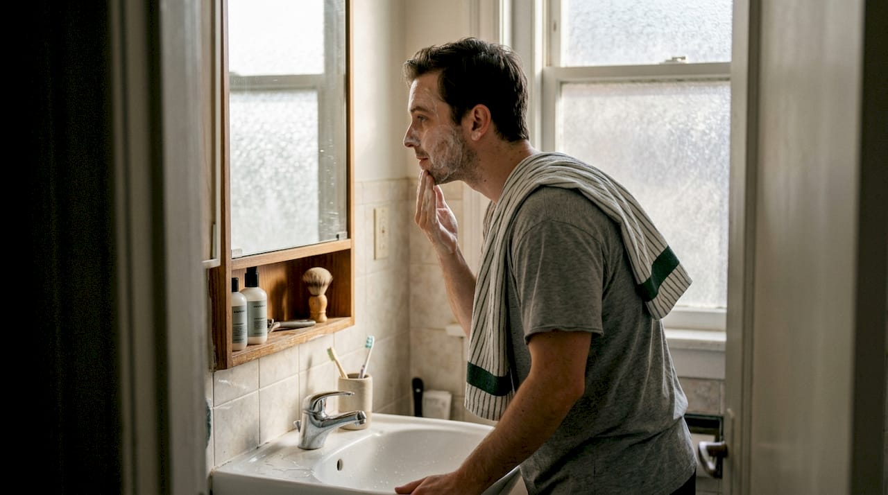 Man washing face in morning bathroom routine