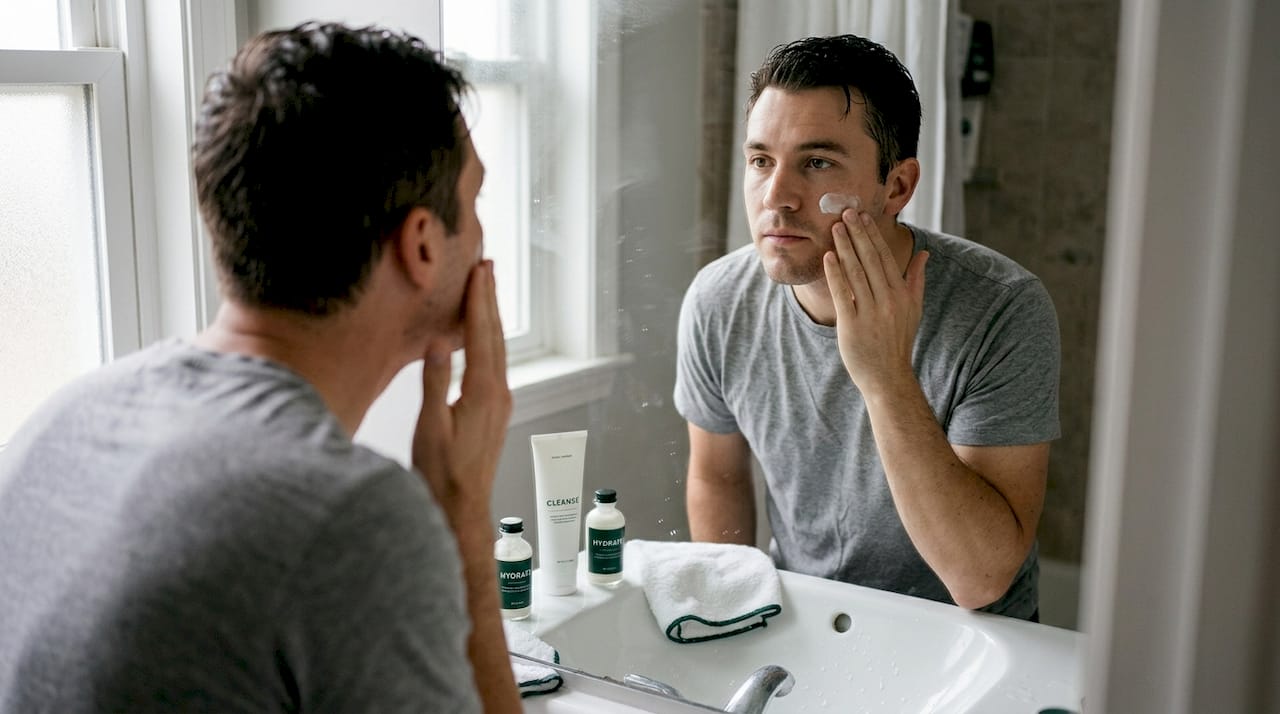 Man applying moisturizer in home bathroom