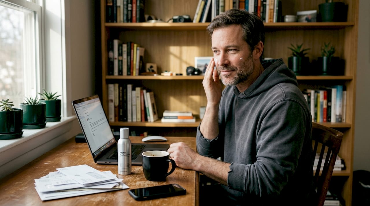 Man applying skincare in home office