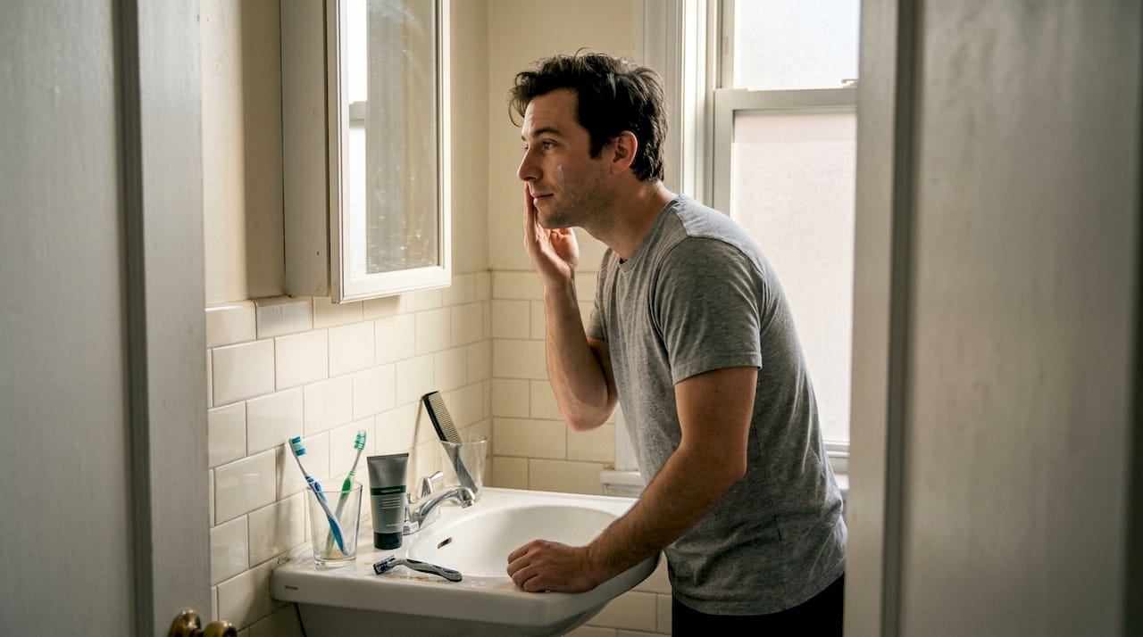 Man applying moisturizer in apartment bathroom