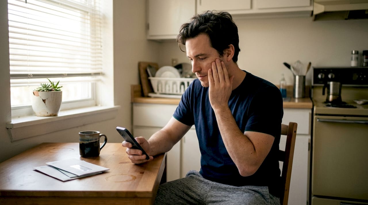 Man applies moisturizer in sunlit kitchen
