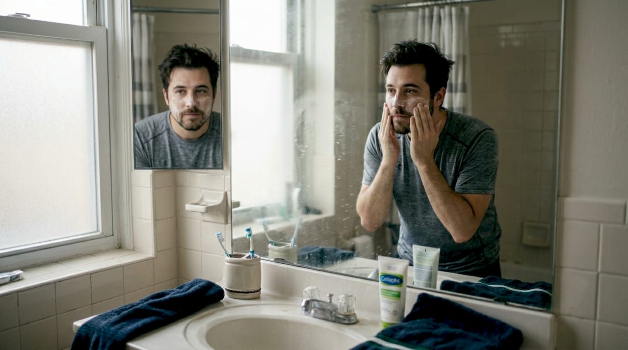 Man performing skincare in cluttered bathroom