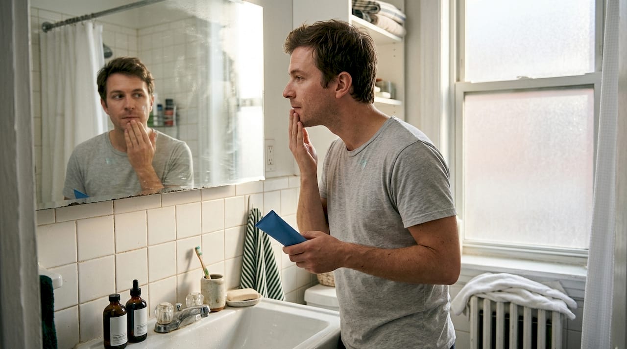 Man applying skincare in city apartment bathroom