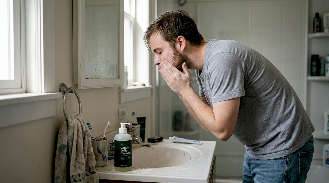 Young man washing face morning routine