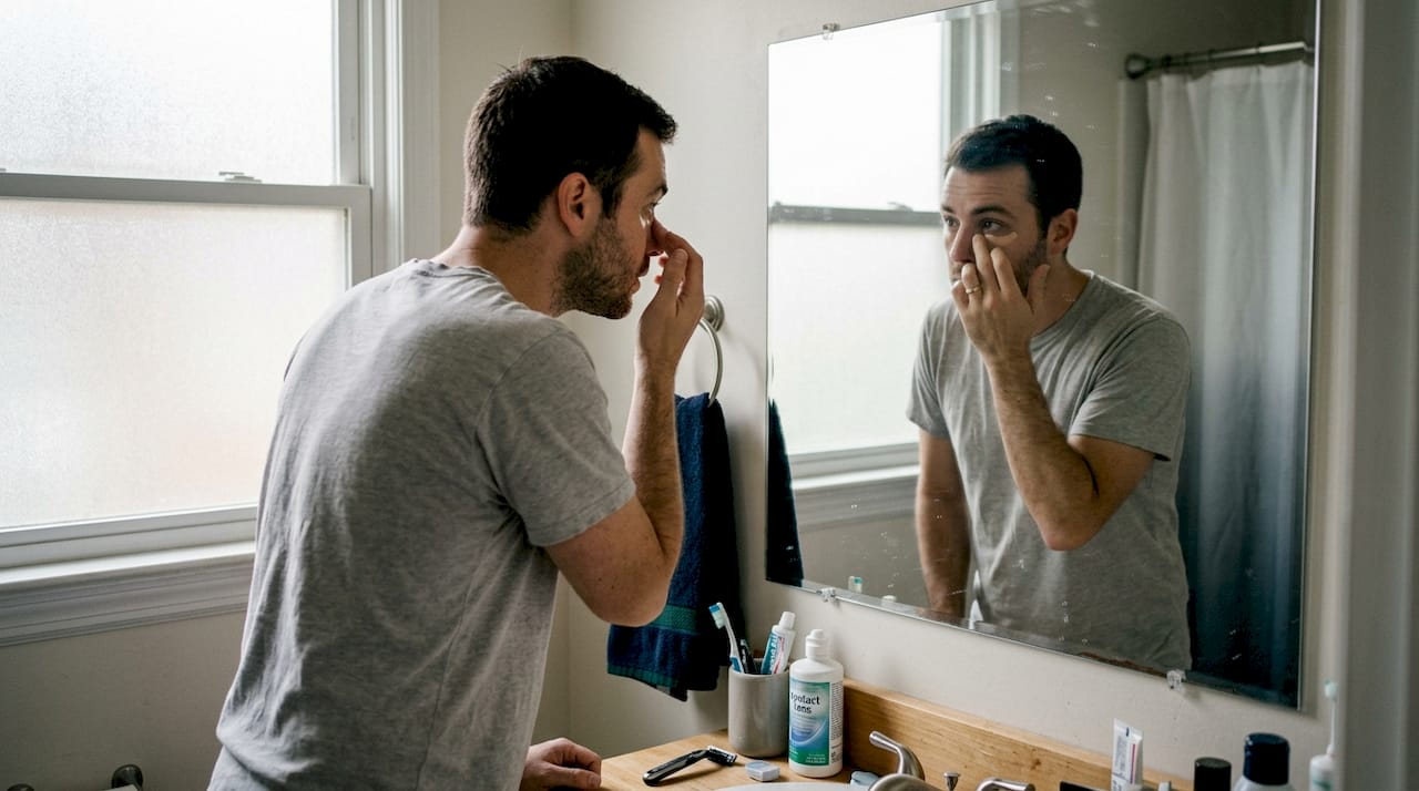 Man applying concealer at bathroom mirror