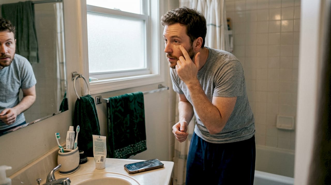 Man applying concealer in bathroom mirror