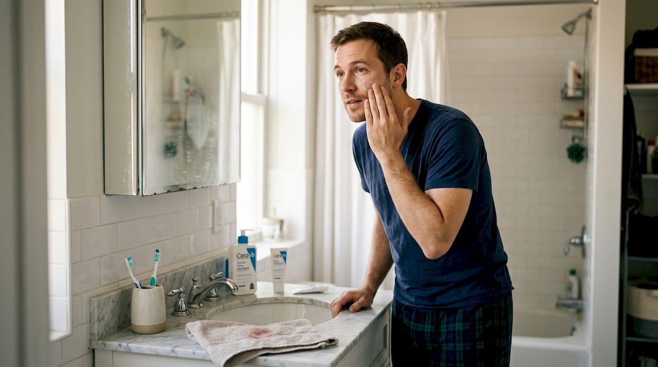 Man applying moisturizer at bathroom mirror