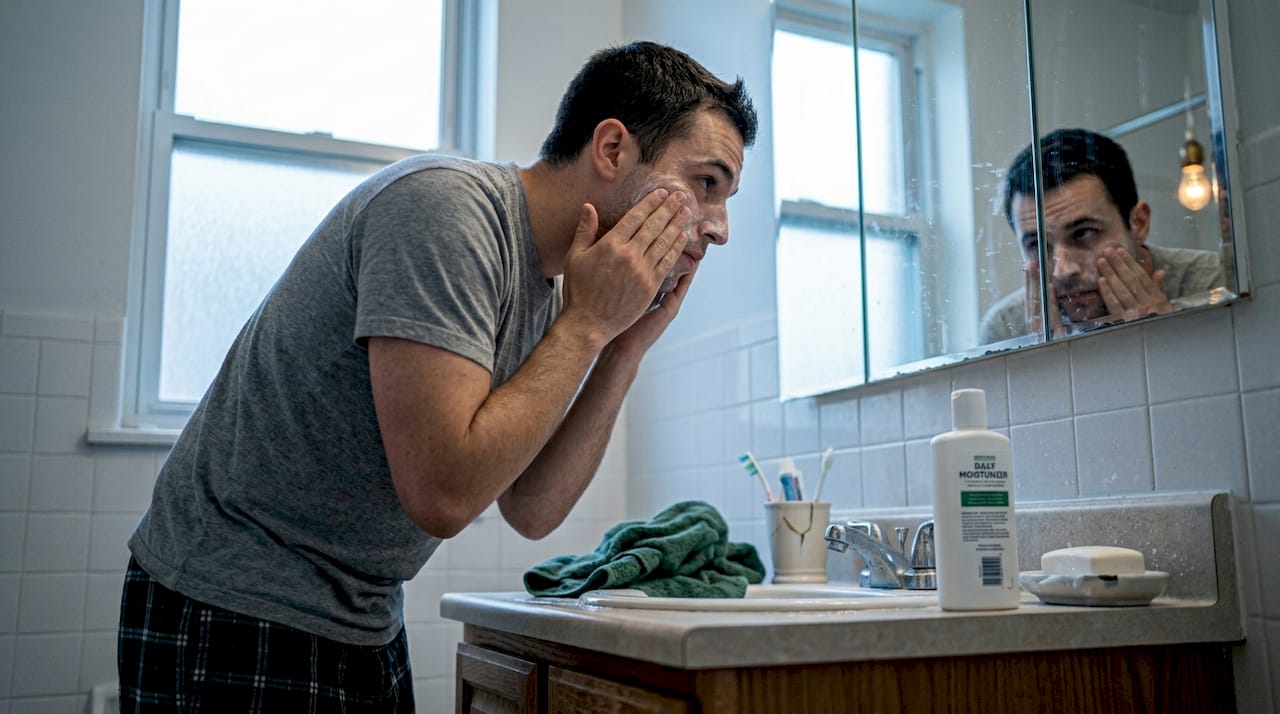 Young man doing morning grooming routine