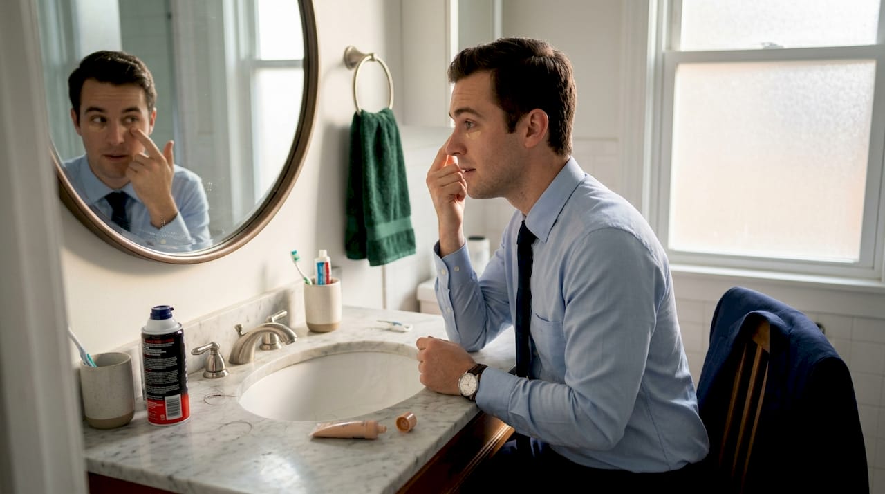 Man applying concealer during morning routine