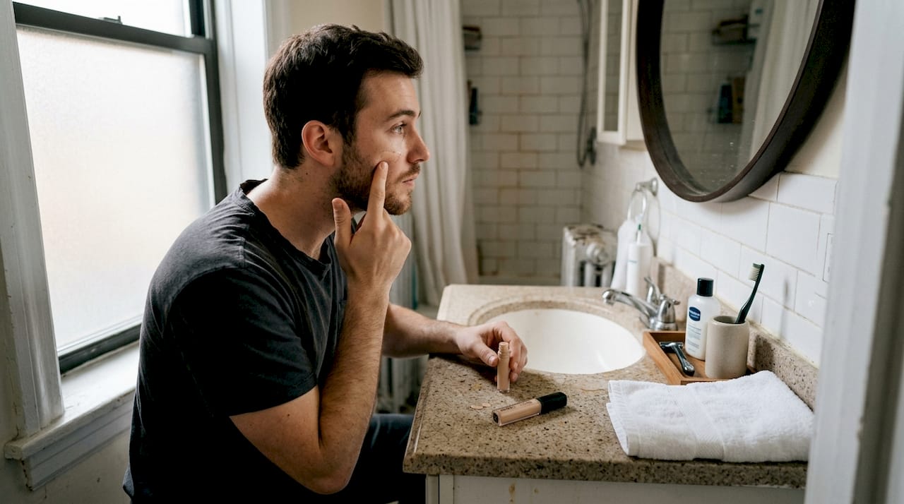 Man applying concealer at bathroom vanity