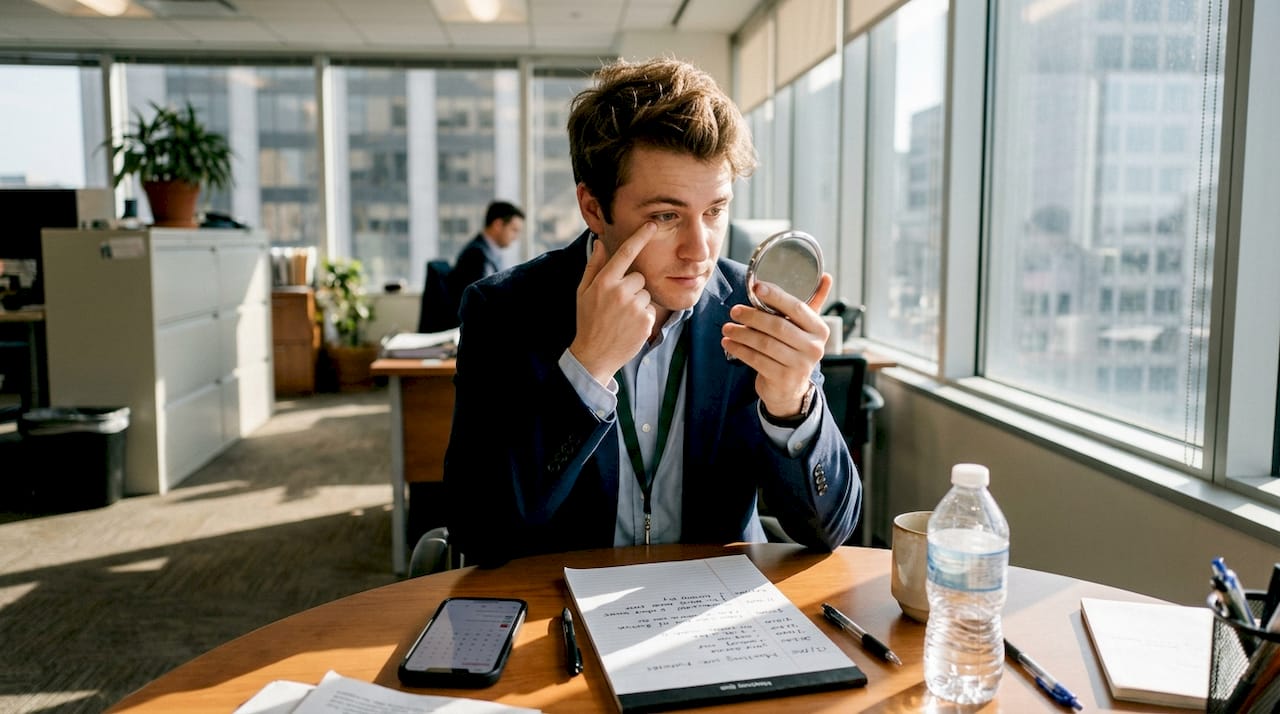 Man applying makeup in office setting