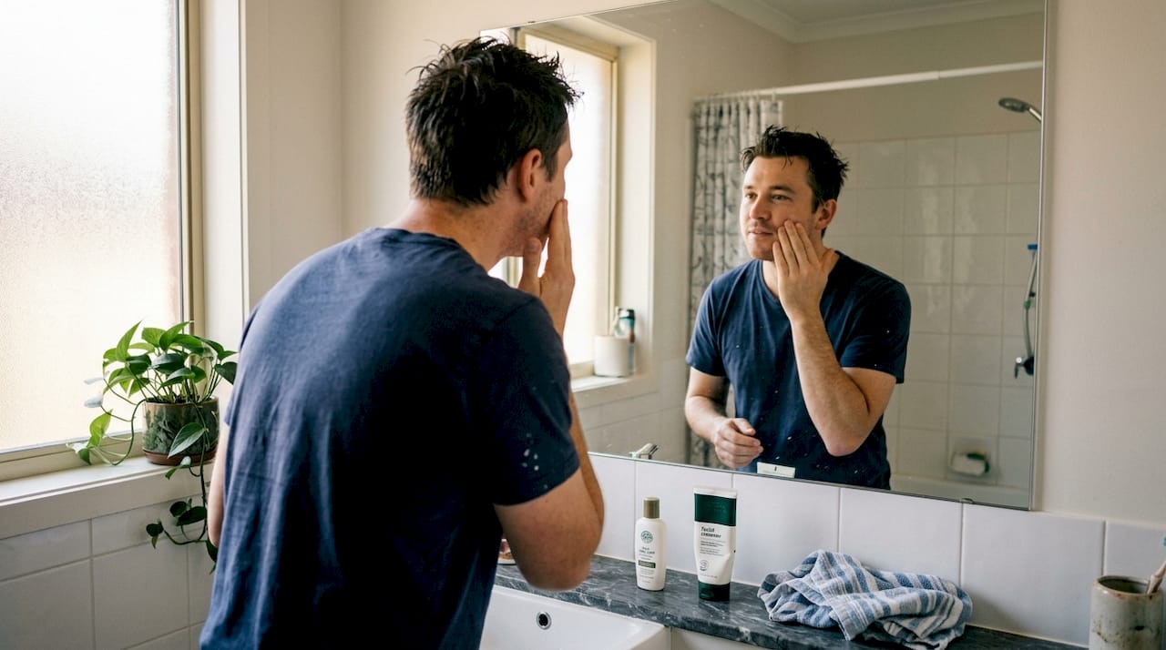 Man applying moisturizer in bathroom routine