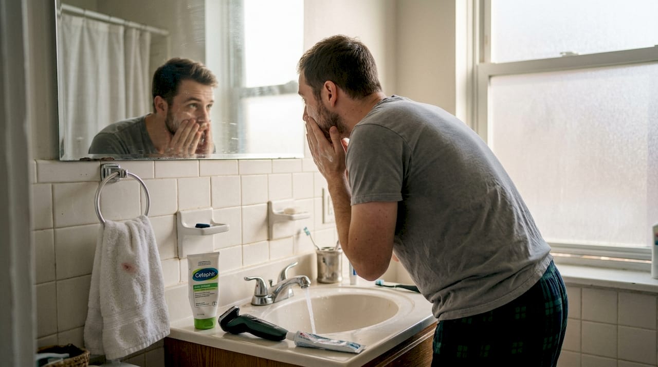 Man washing face in home bathroom morning