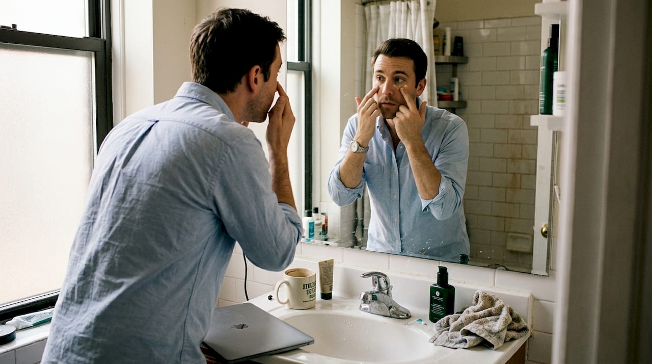 Man applying concealer at home bathroom sink