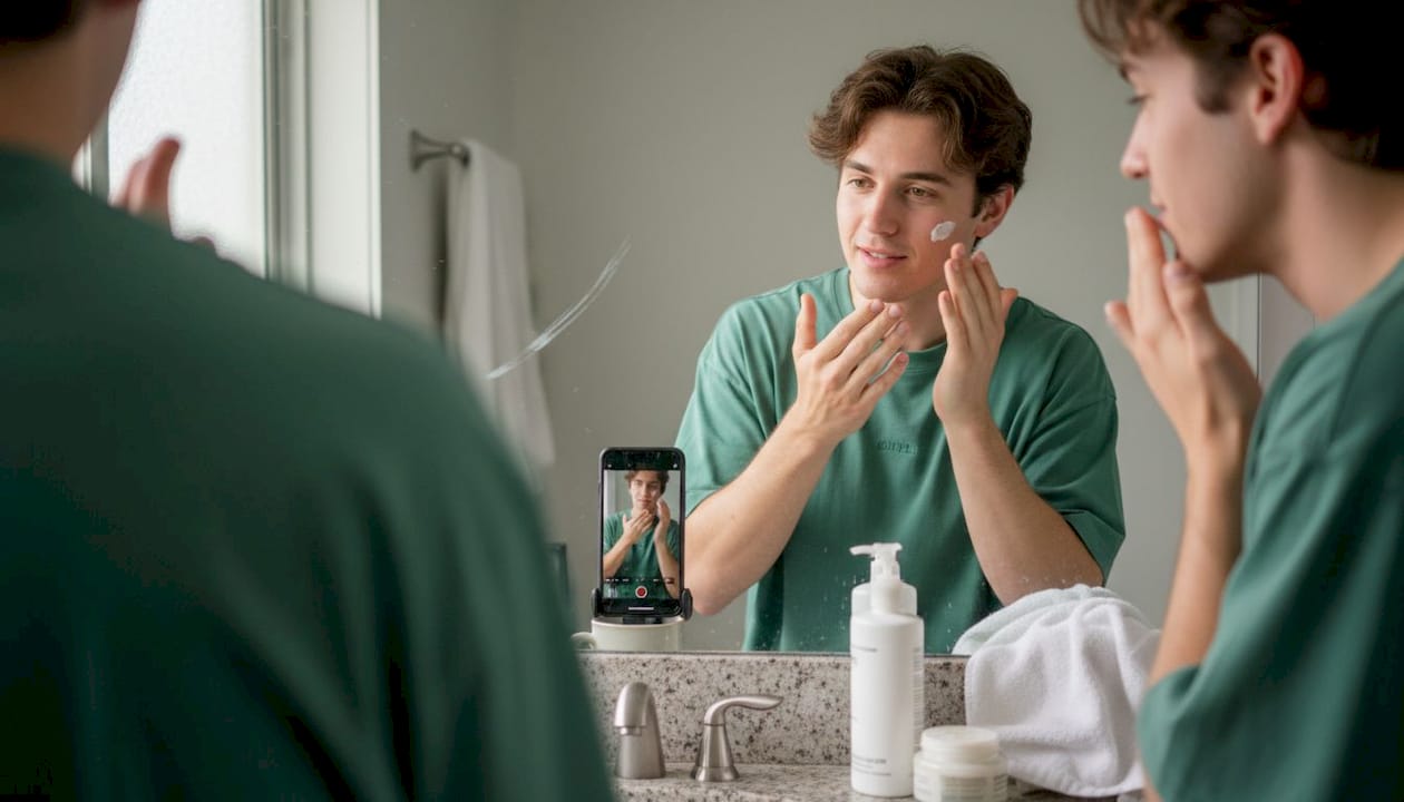Man recording daily skincare in bathroom for TikTok