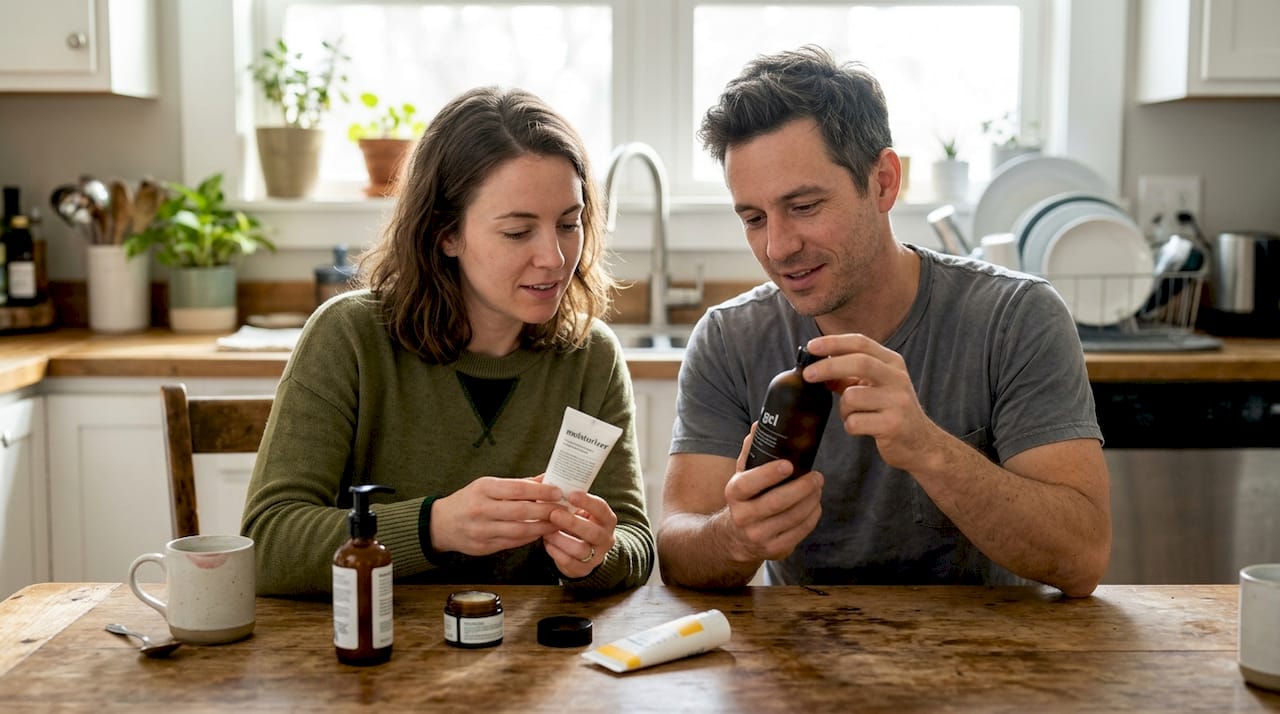 Man and woman comparing skincare products