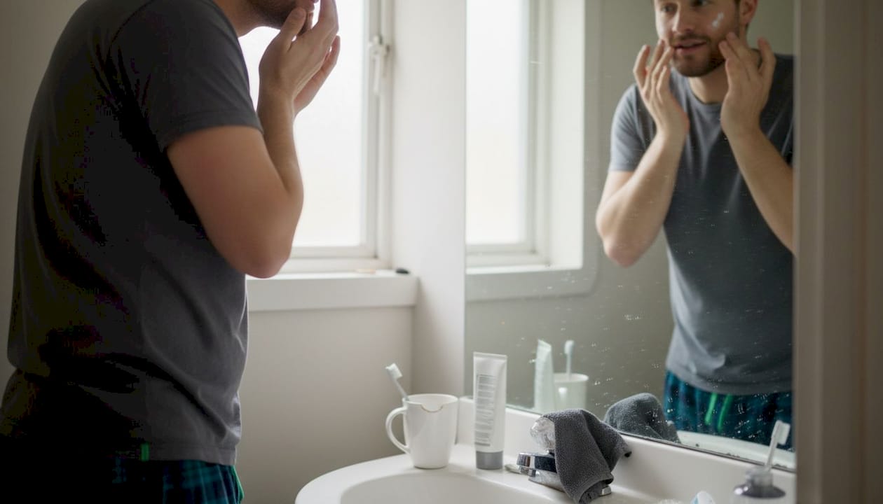 Man applying moisturizer in everyday bathroom