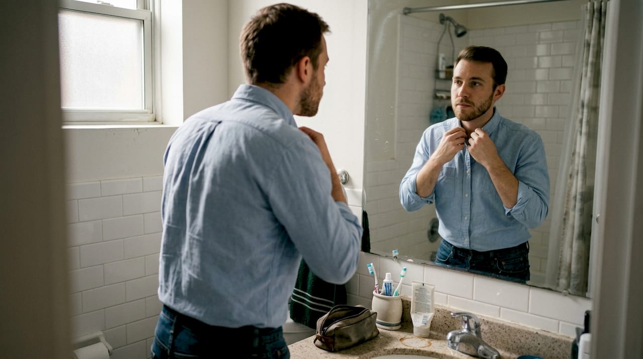 Man adjusting collar in mirror at home