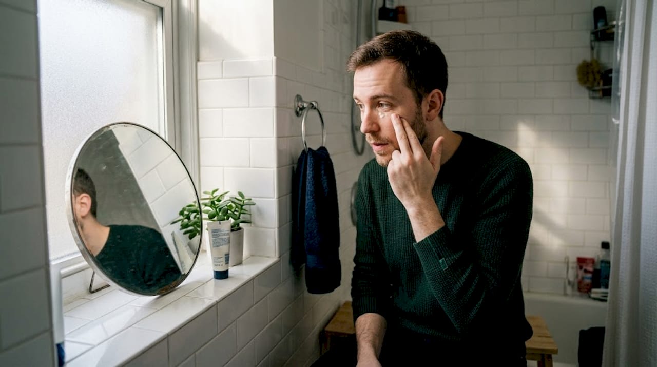 Man applying subtle makeup at bathroom counter
