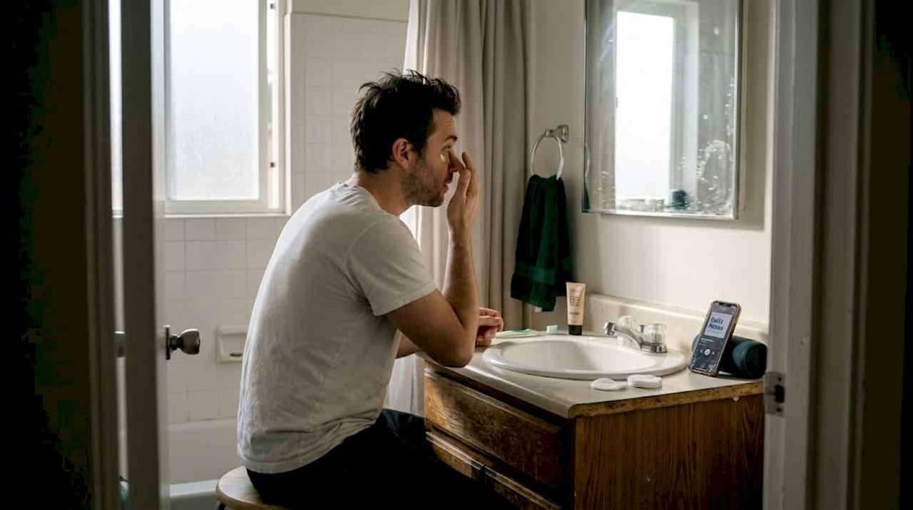 Man applying subtle makeup in home bathroom