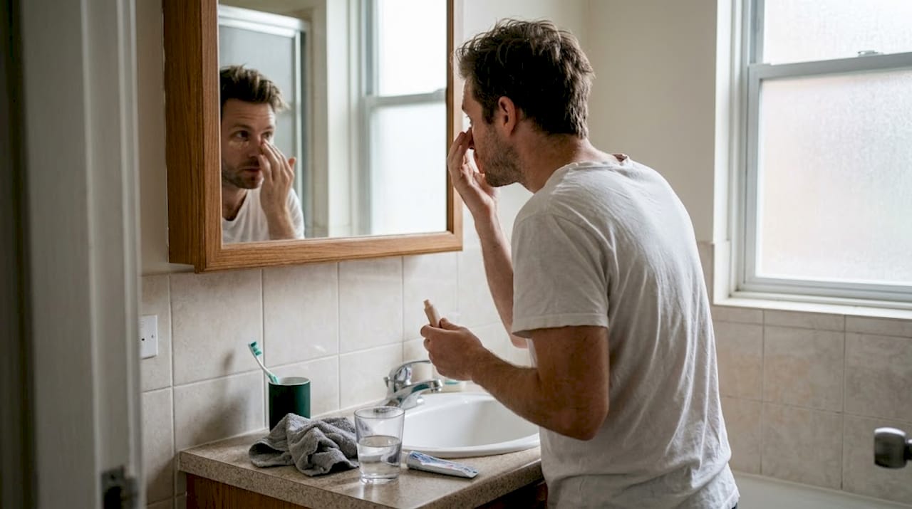 Man applying concealer under eyes in bathroom