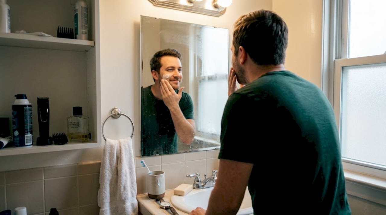 Man doing morning grooming in home bathroom