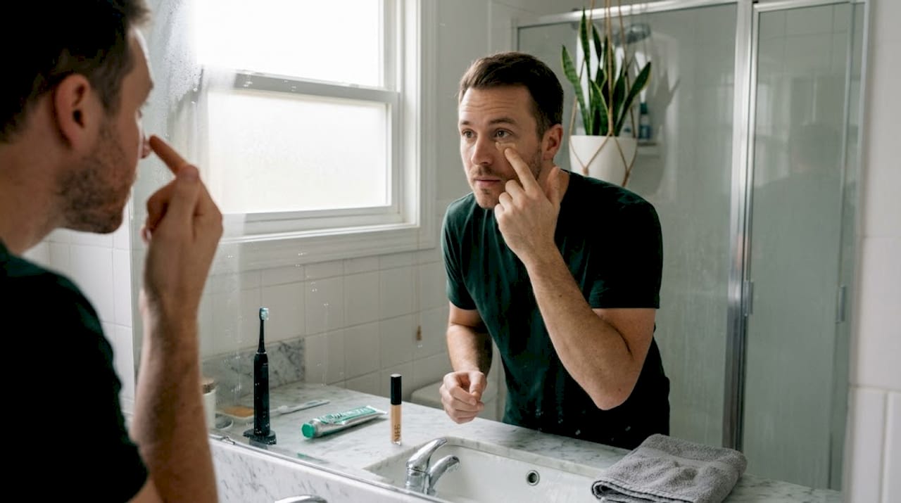 Man carefully applies concealer in home bathroom
